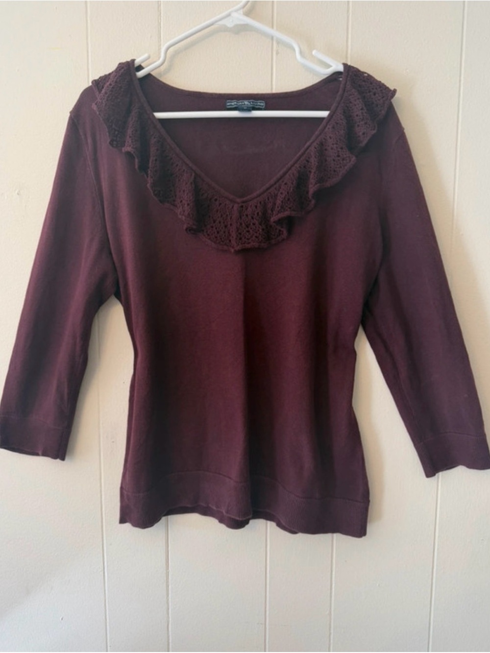 American Living Women's Ruffle Trim V-Neck Sweater Deep Purple Wine Red Size M